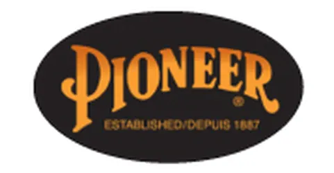 A black and orange pioneer logo on a white background