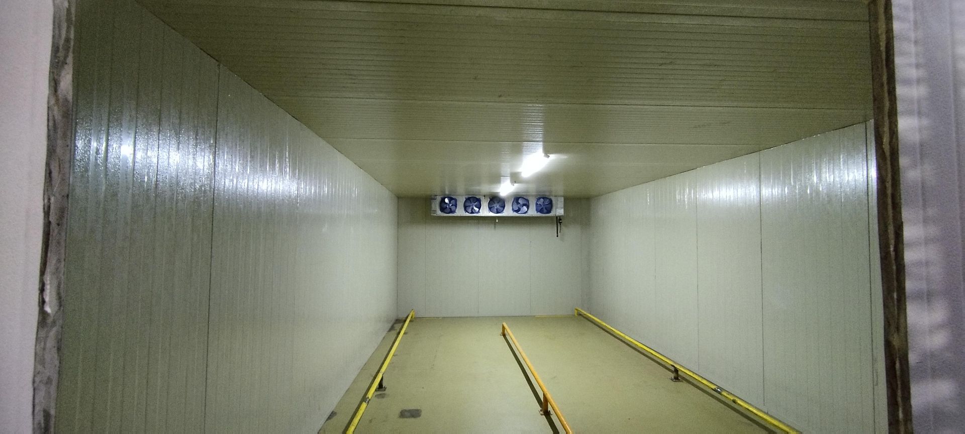 Vista de una cámara frigorífica industrial, estéril y vacía, con paredes revestidas de paneles blancos y una unidad de refrigeración instalada en el techo.