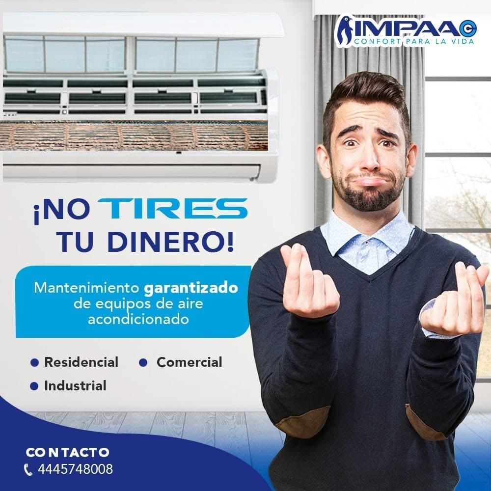 Anuncio de mantenimiento de aire acondicionado de IMPAA que muestra a un hombre señalando una unidad sucia con el texto 