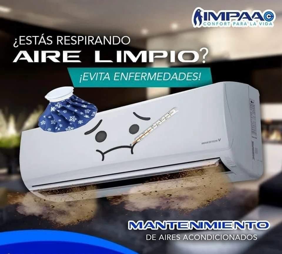 Un anuncio que muestra un aire acondicionado con termómetro y bolsa de hielo, expulsando polvo, para promocionar el mantenimiento del aire acondicionado.