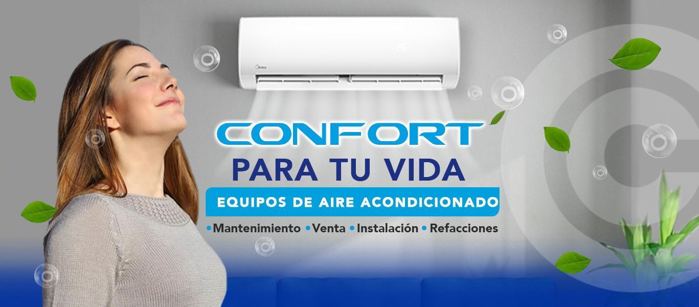 Una mujer respira profundamente frente a un anuncio de aire acondicionado con hojas verdes y un texto sobre confort climático.