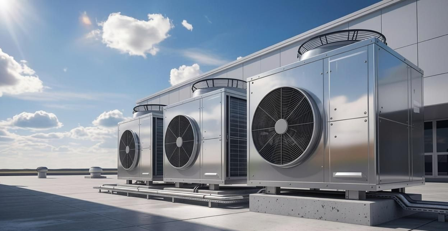 Una hilera de aerogeneradores plateados sobre un tejado inclinado de chapa ondulada, bajo un cielo soleado con montañas a lo lejos.