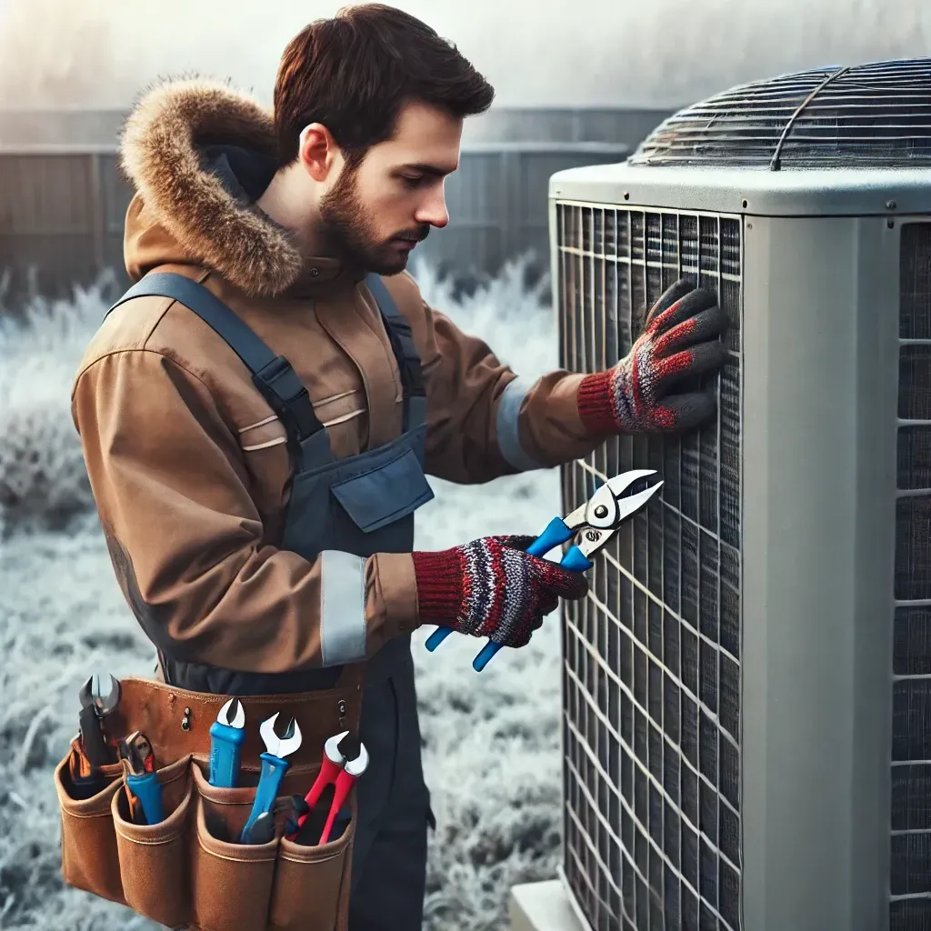 A man is working on an air conditioner outside in the snow.