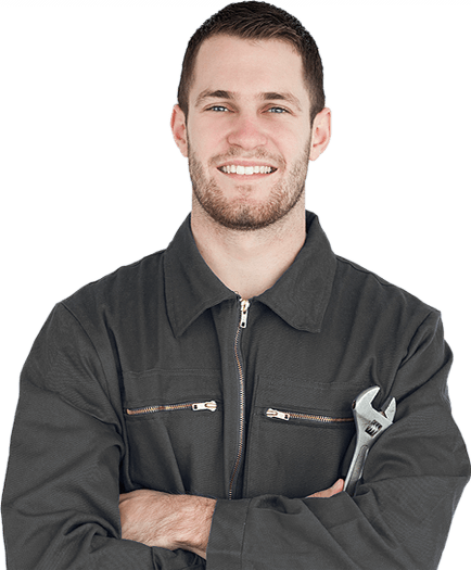 A HVAC employee with his arms crossed is holding a wrench.