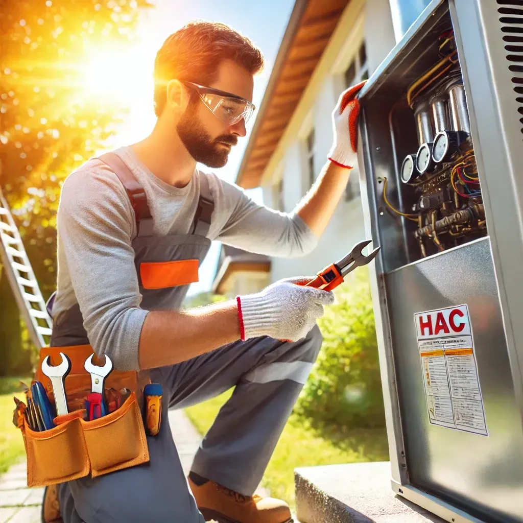 A man is working on an air conditioner outside of a house.