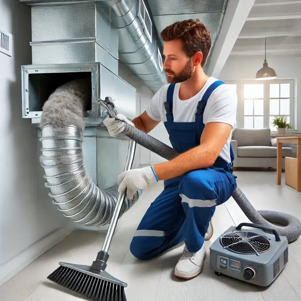A man is cleaning a duct with a vacuum cleaner