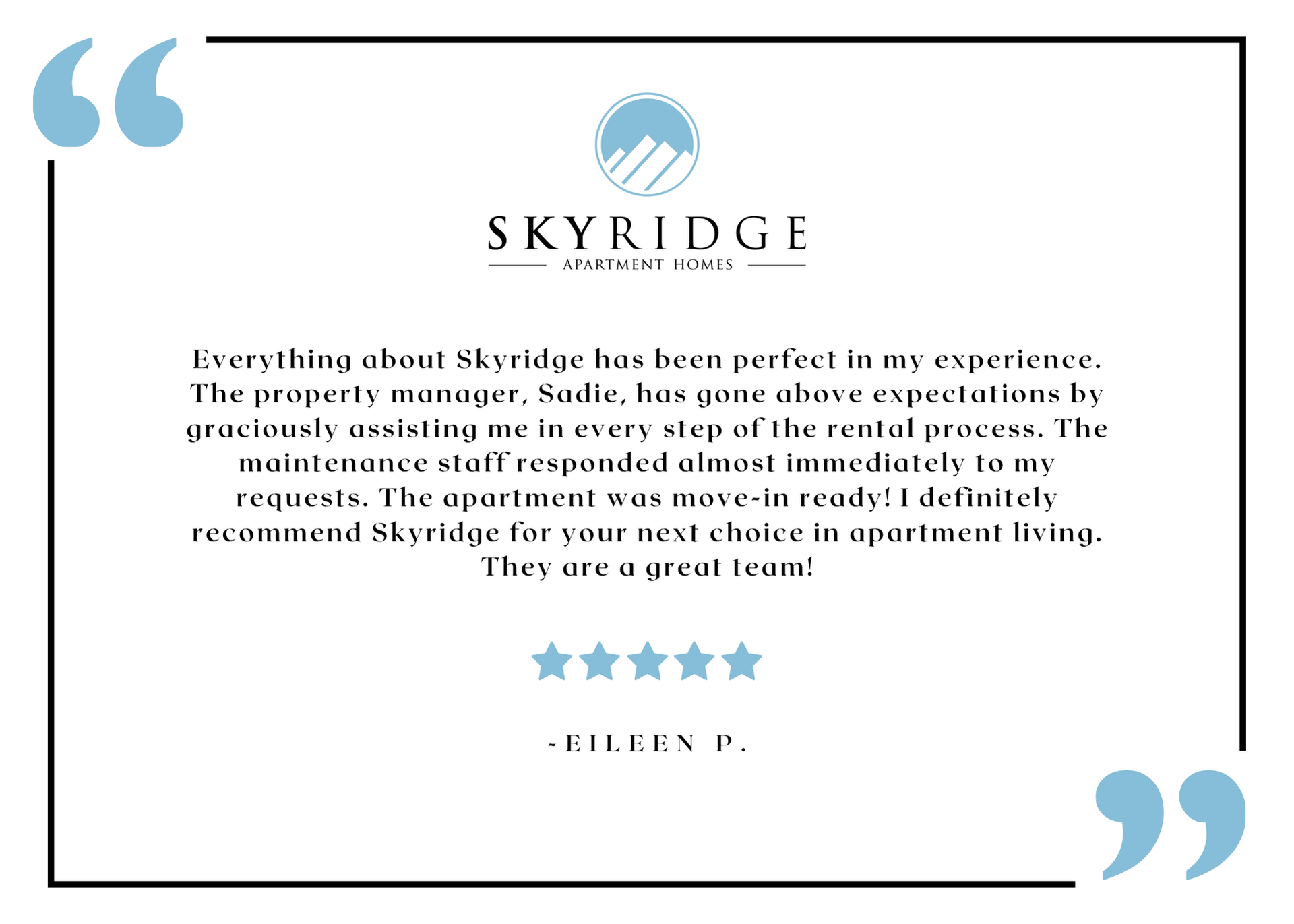 Skyridge resident testimonial graphic with logo and five-star review.