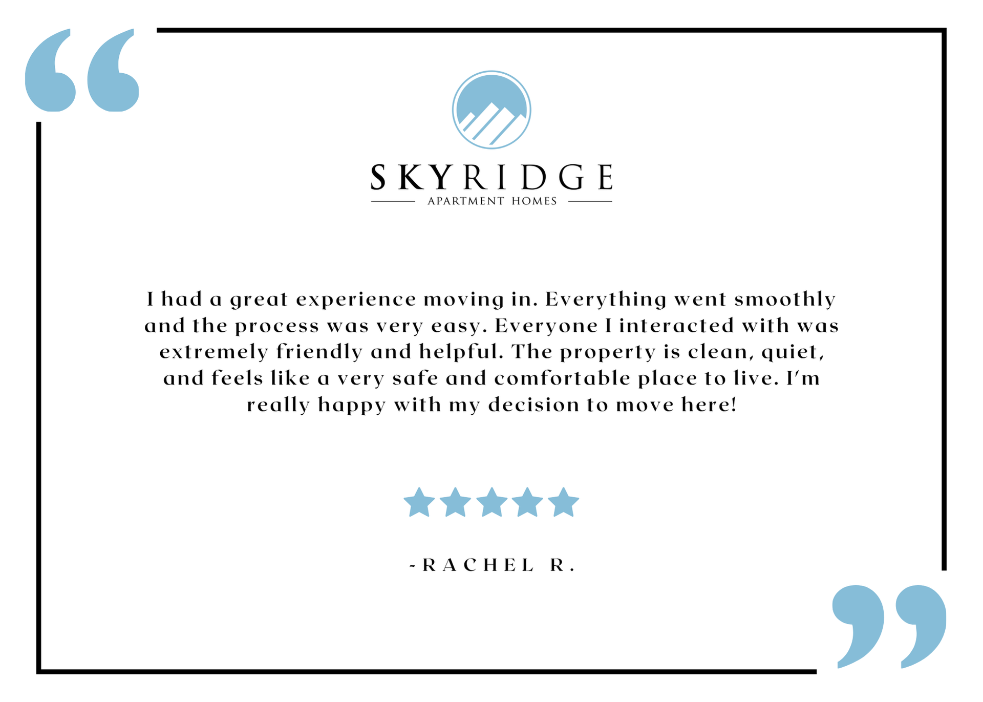 Skyridge resident testimonial graphic with logo and five-star review.