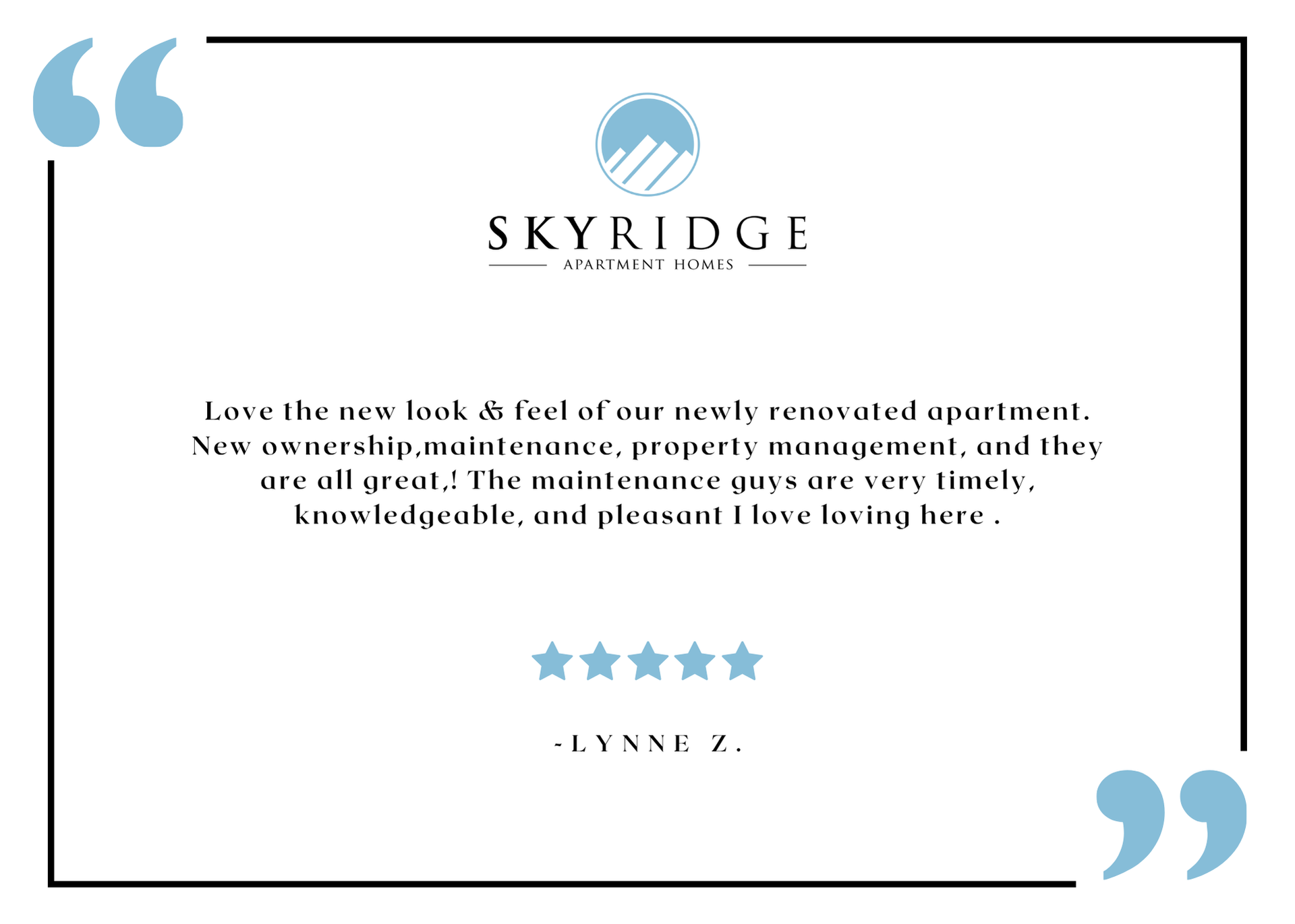 Skyridge resident testimonial graphic with logo and five-star review.