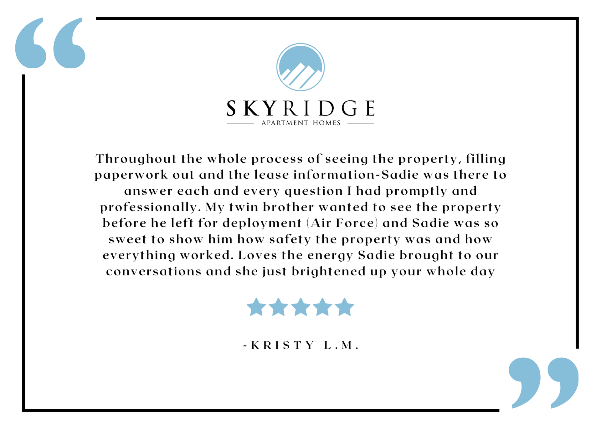 Skyridge resident testimonial graphic with logo and five-star review.
