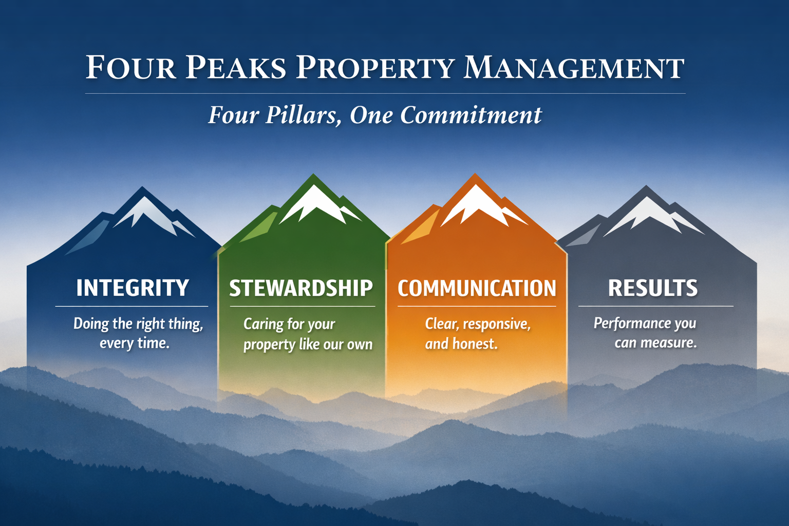 Four pillars graphic: Integrity, Stewardship, Communication, Results; each a mountain peak, Four Peaks Property Management.