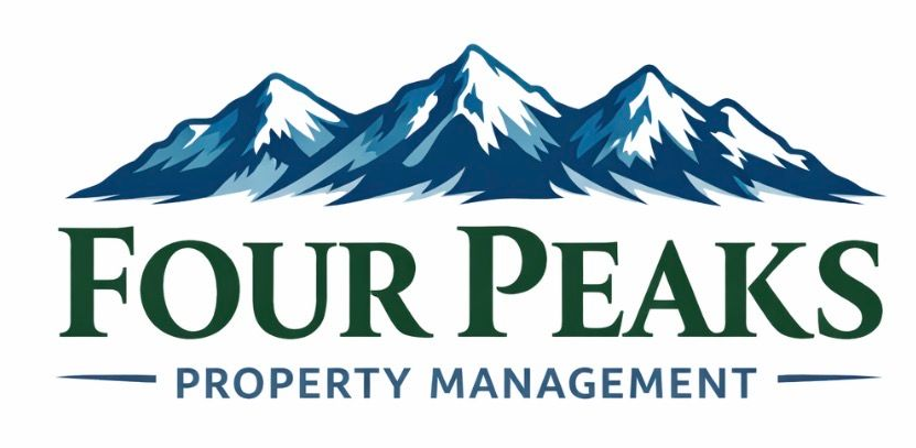 Logo: Four Peaks Property Management, dark green text with mountains in blue and white.