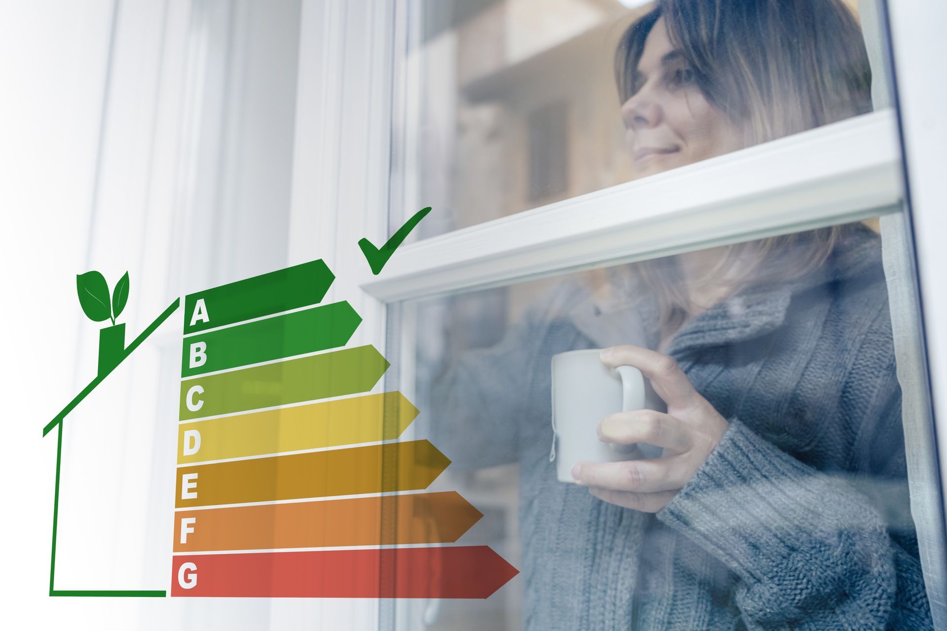 A woman looks through a window featuring an energy rating scale, showcasing retrofit double glazing. A woman looks through a window featuring an energy rating scale, showcasing retrofit double glazing.