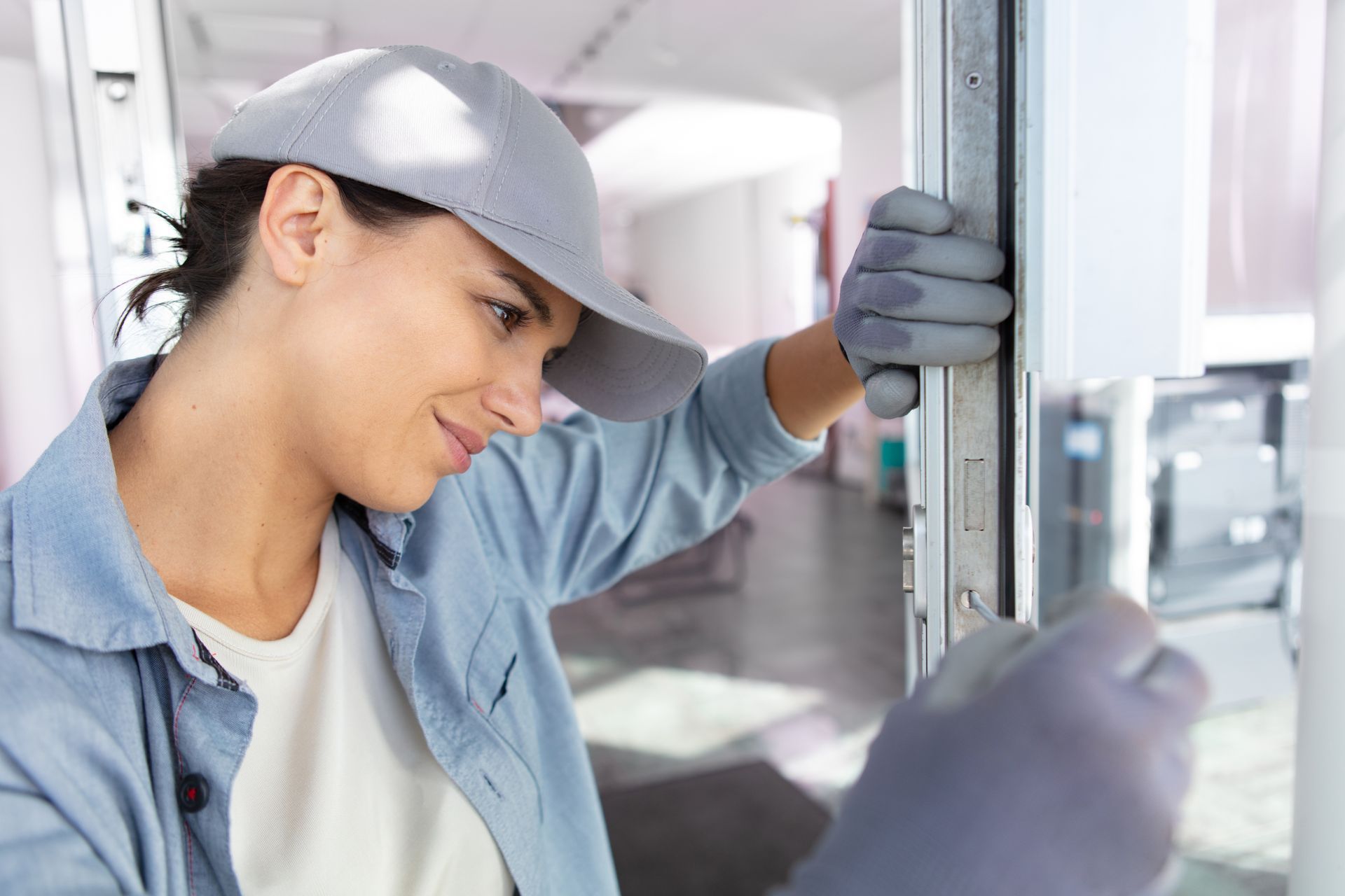 A happy woman tightening a door handle with a screwdriver.