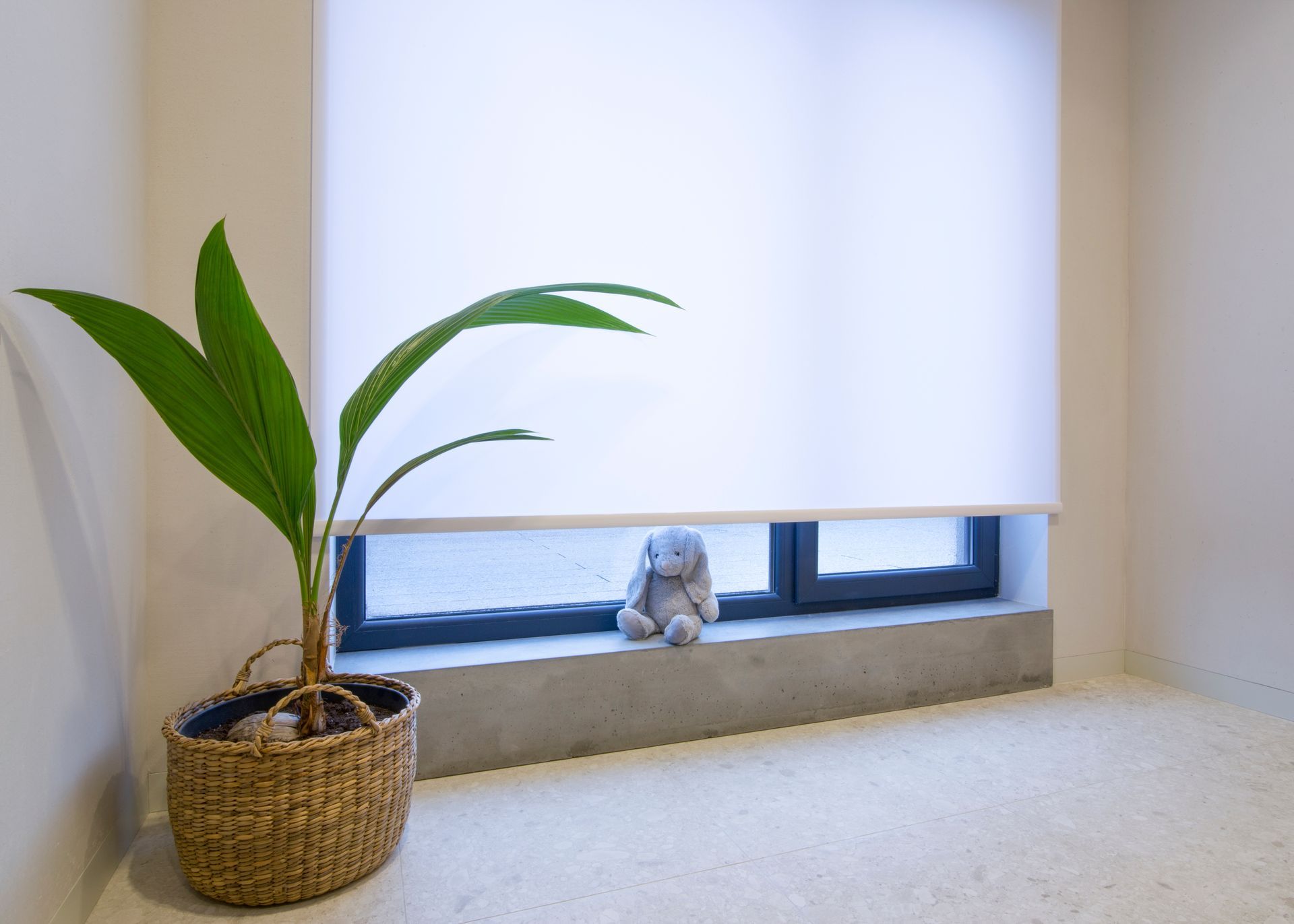White motorized roller blinds covering a large window above a concrete windowsill.