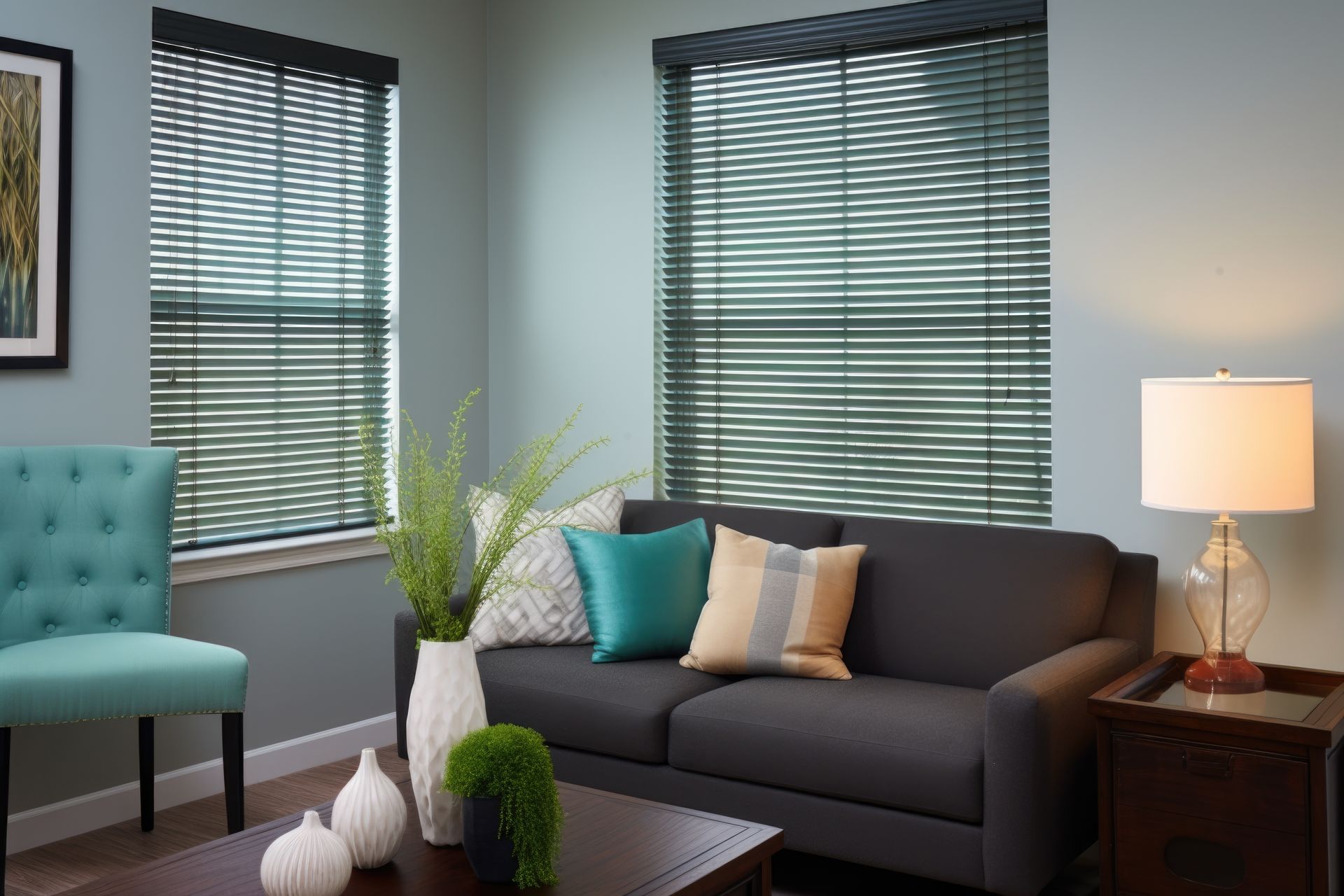 Modern living room with gray sofa, teal chair, plants, and window blinds.