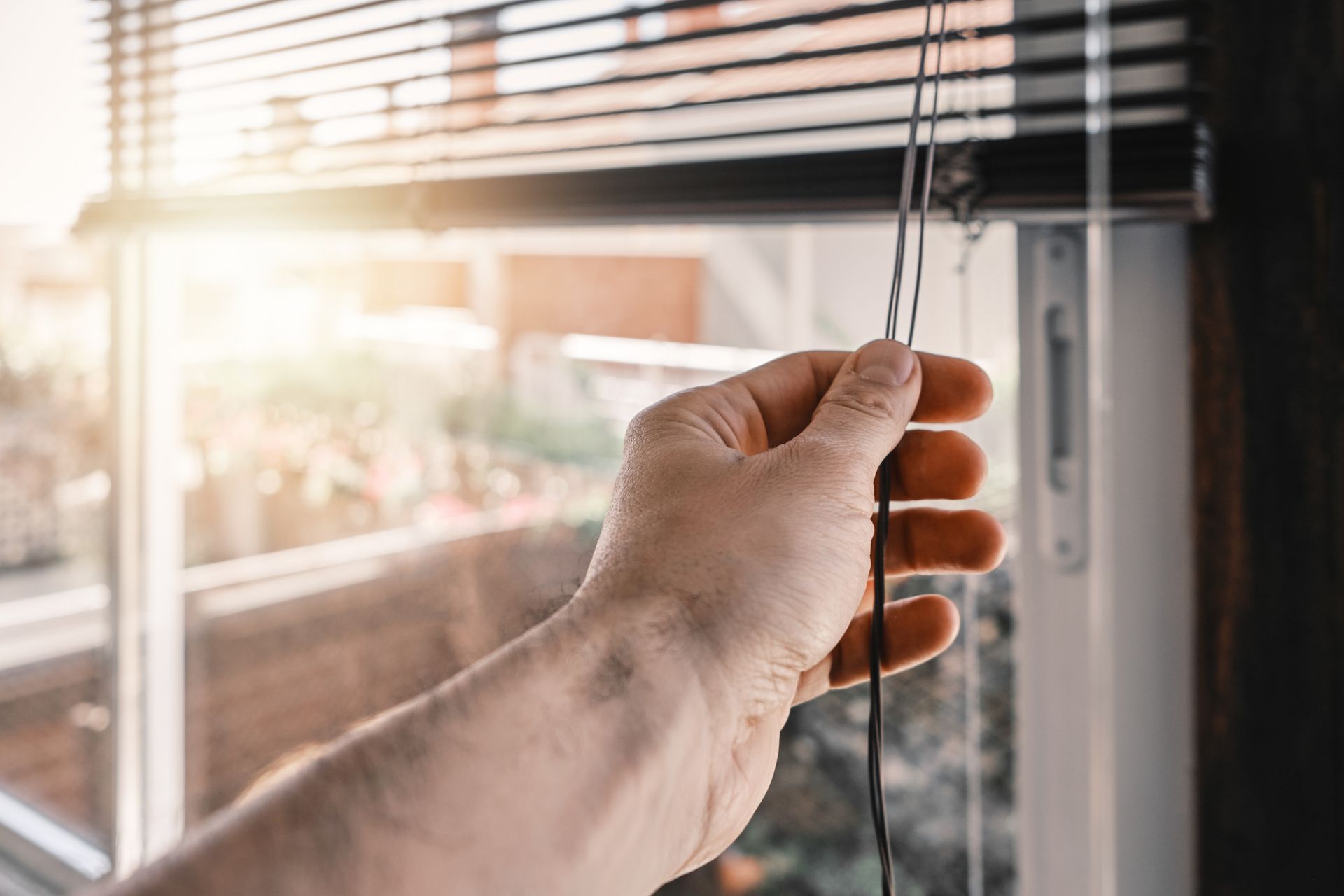In the morning on a sunny day, pulling up the roller blinds. In the morning on a sunny day, pulling up the roller blinds.