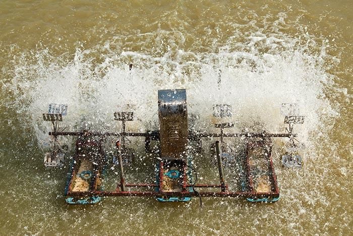 Una rueda hidráulica está formando muchas burbujas en el agua.