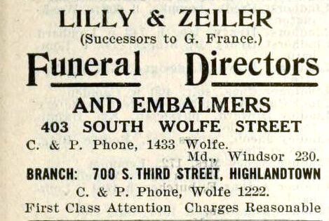 Advertisement for Lilly & Zeiler Funeral Directors and Embalmers, including addresses and phone numbers.