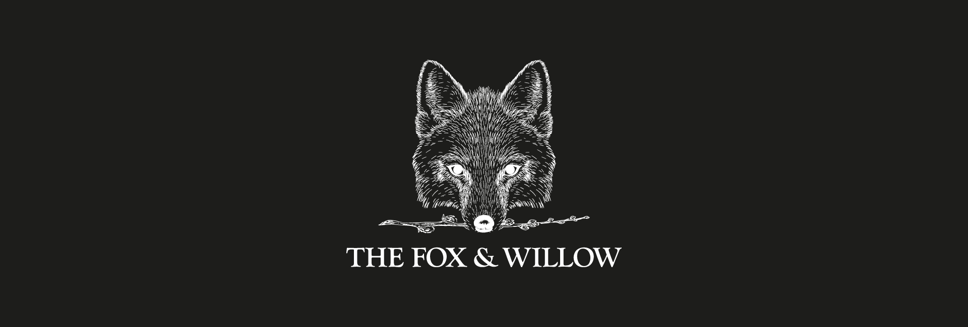 a black and white drawing of a fox with the words the fox & willow below it