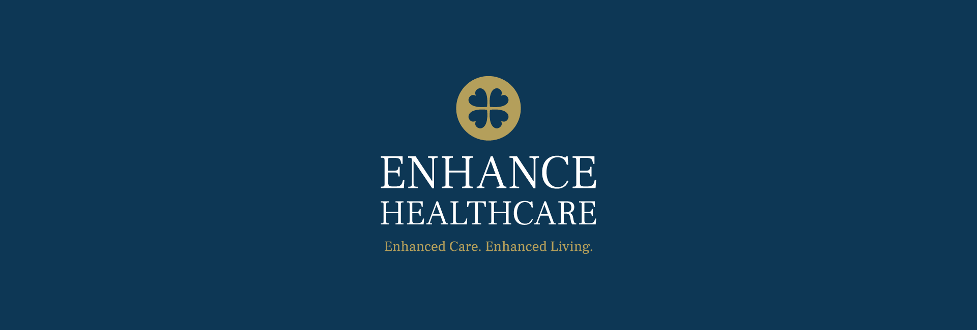 Logo for Enhance Healthcare in gold text over a blue background.