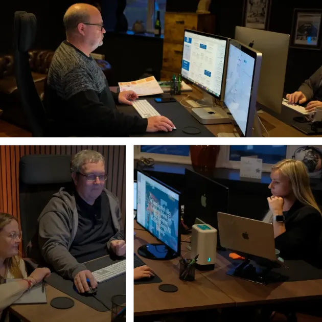 A collage of people sitting at desks with computers