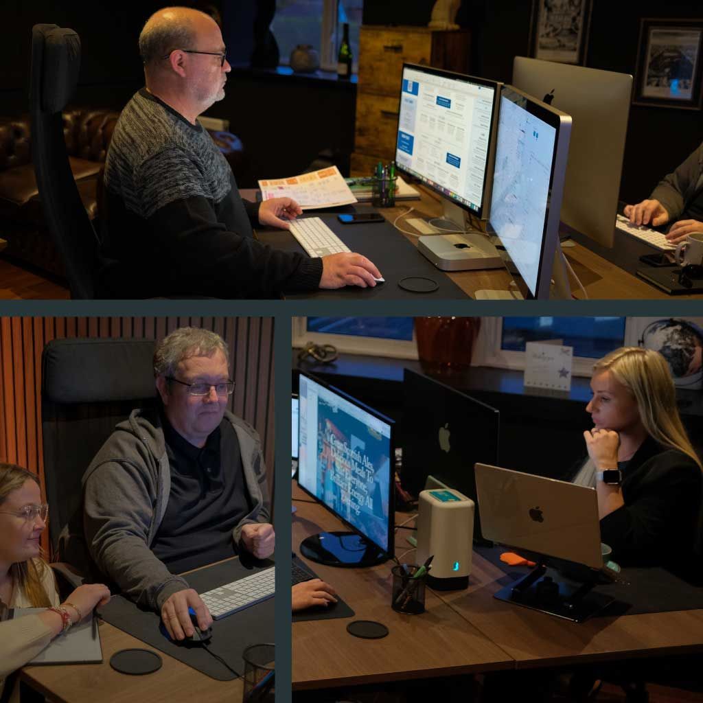 A mixture of photos of the team working at their desks