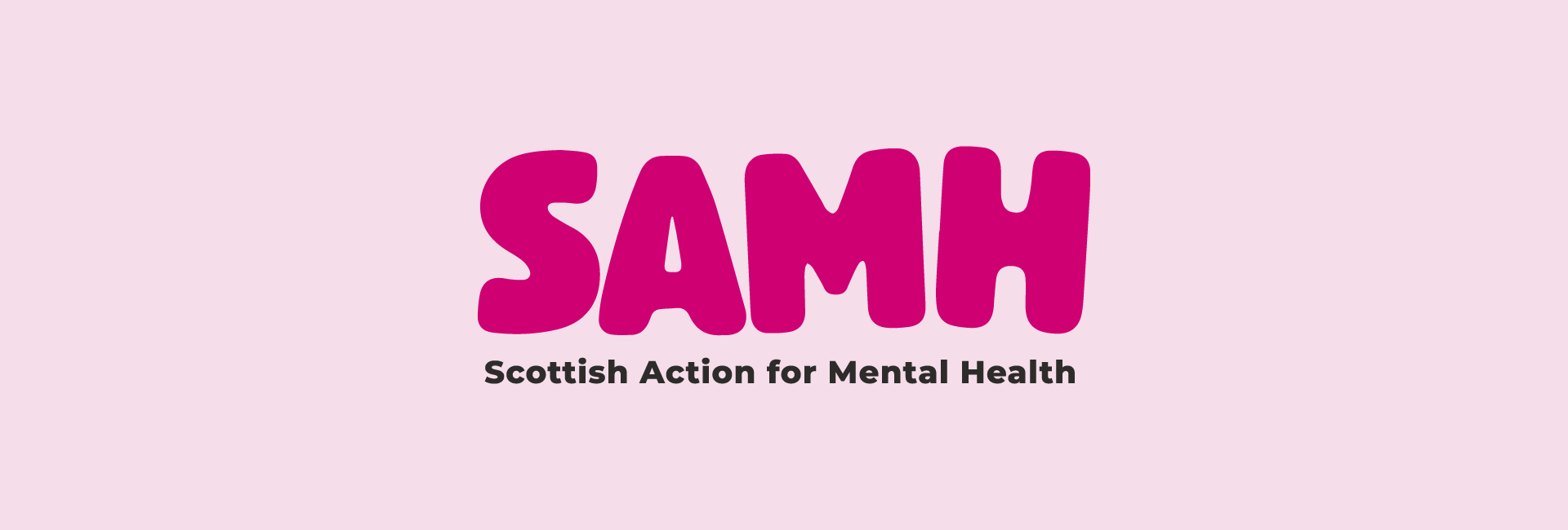a logo for Scottish Action for Mental Health (SAMH) sitting on a pink background