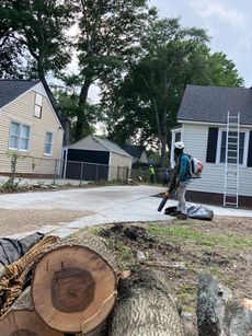 A man is cutting a tree with a chainsaw in front of a house.