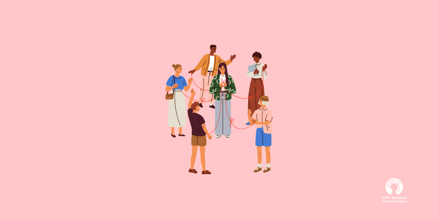 Illustration of people connected by lines on a pink background, suggesting social networking.