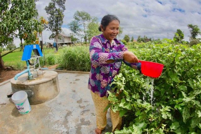 Woman watering leafy plants beside a hand pump in a rural garden