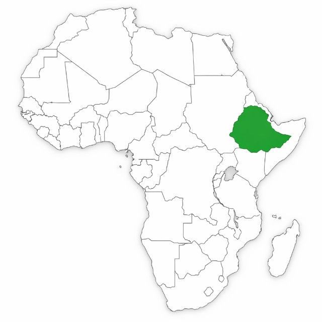 Map of Africa with Ethiopia highlighted in green on the east side