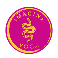 pink and orange logo with snake uncoiling upward from the work Yoga into the word Imagine