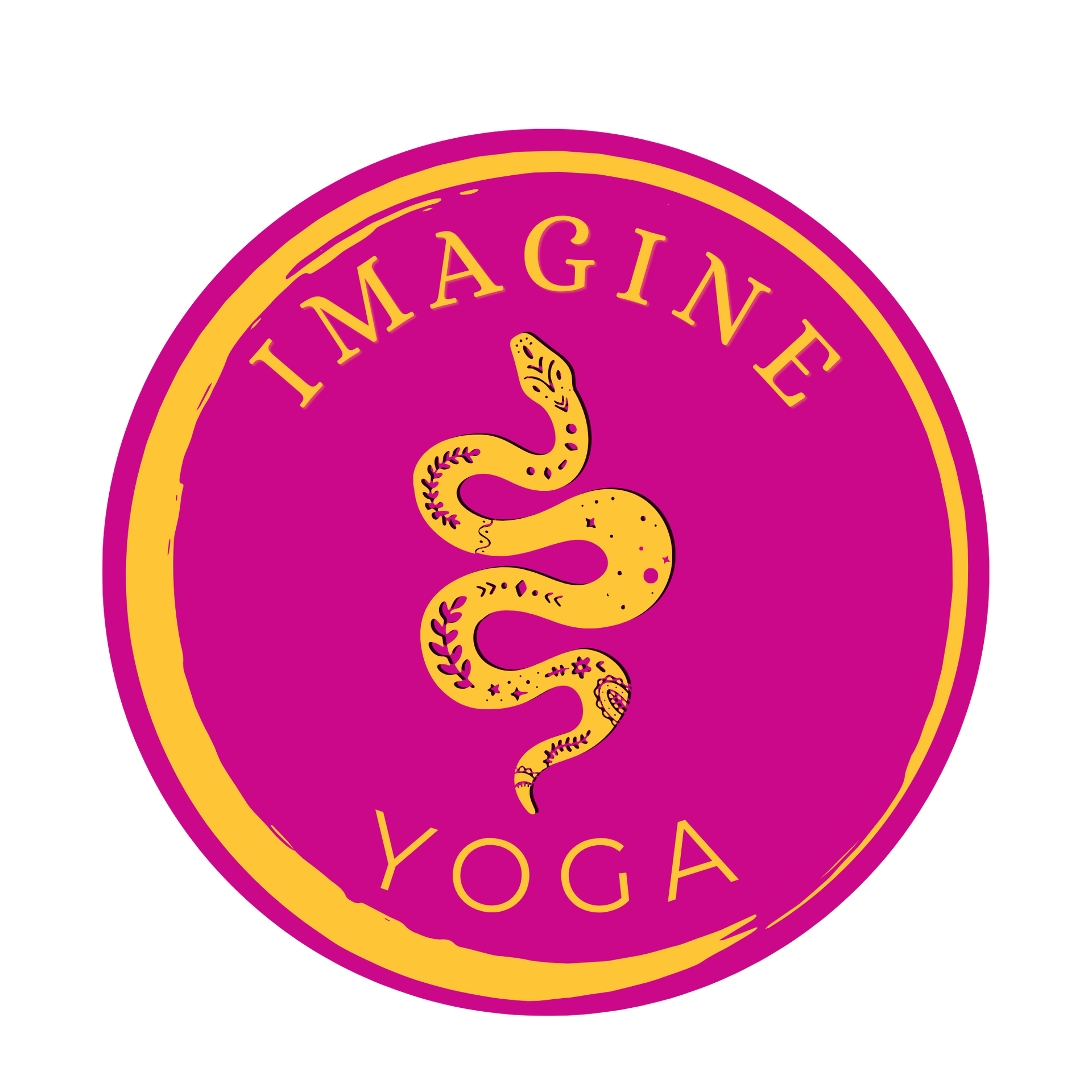 pink and orange logo with snake uncoiling upward from the work Yoga into the word Imagine