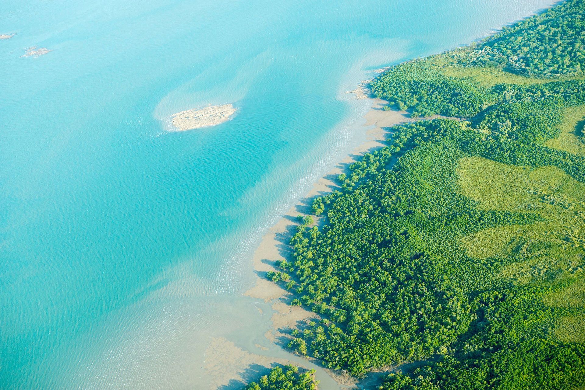Turquoise water meets a lush green shoreline with a small rocky island.