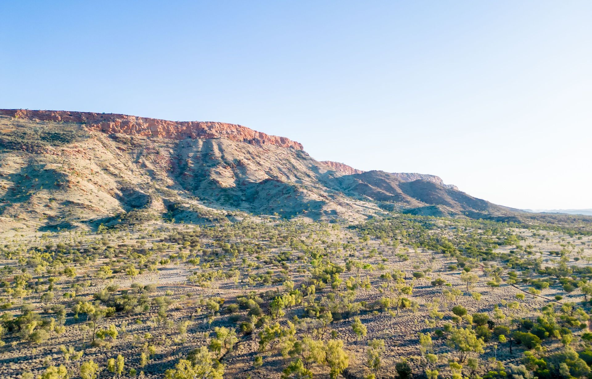 A mountain range with reddish-brown cliffs overlooking a vast, arid landscape of green vegetation under a clear blue sky.