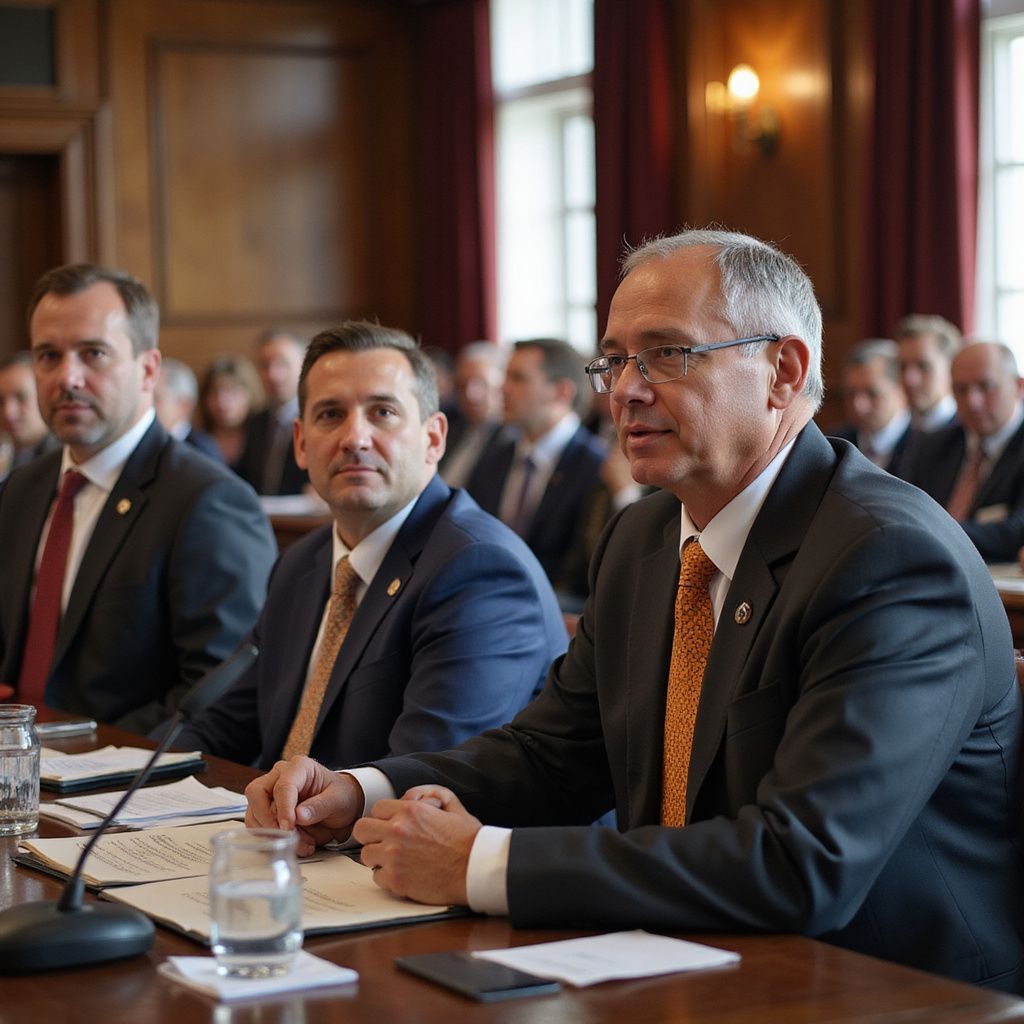 Men in suits at a table, some looking at the camera.  Setting is a formal room.