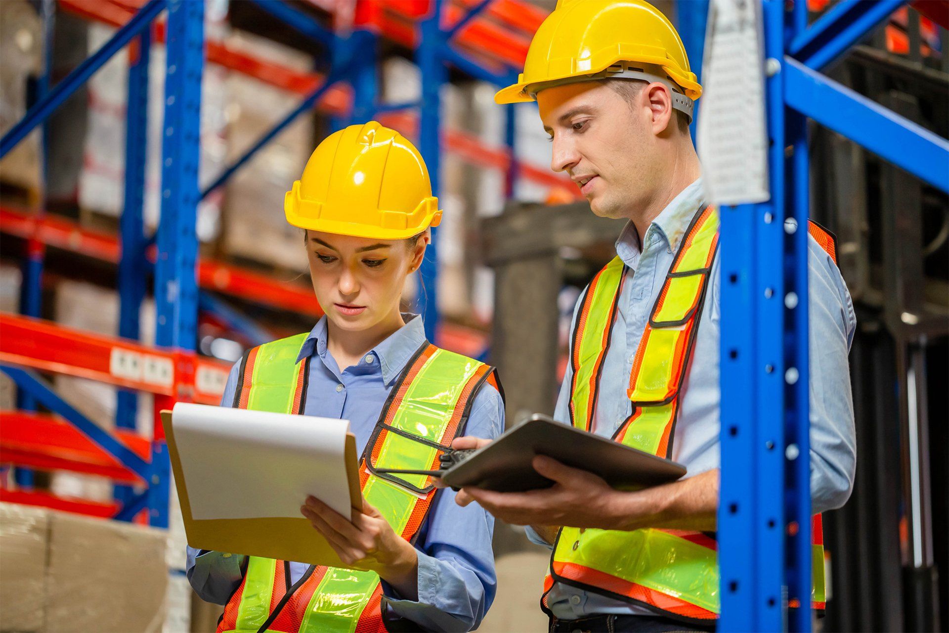 A man and a women wearing high visibility vests and hard hats with a clipboard and tablet in a warehouse