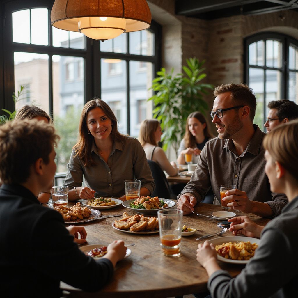 People dining at a restaurant, some eating food. Woman smiling at camera. Dark wood table.