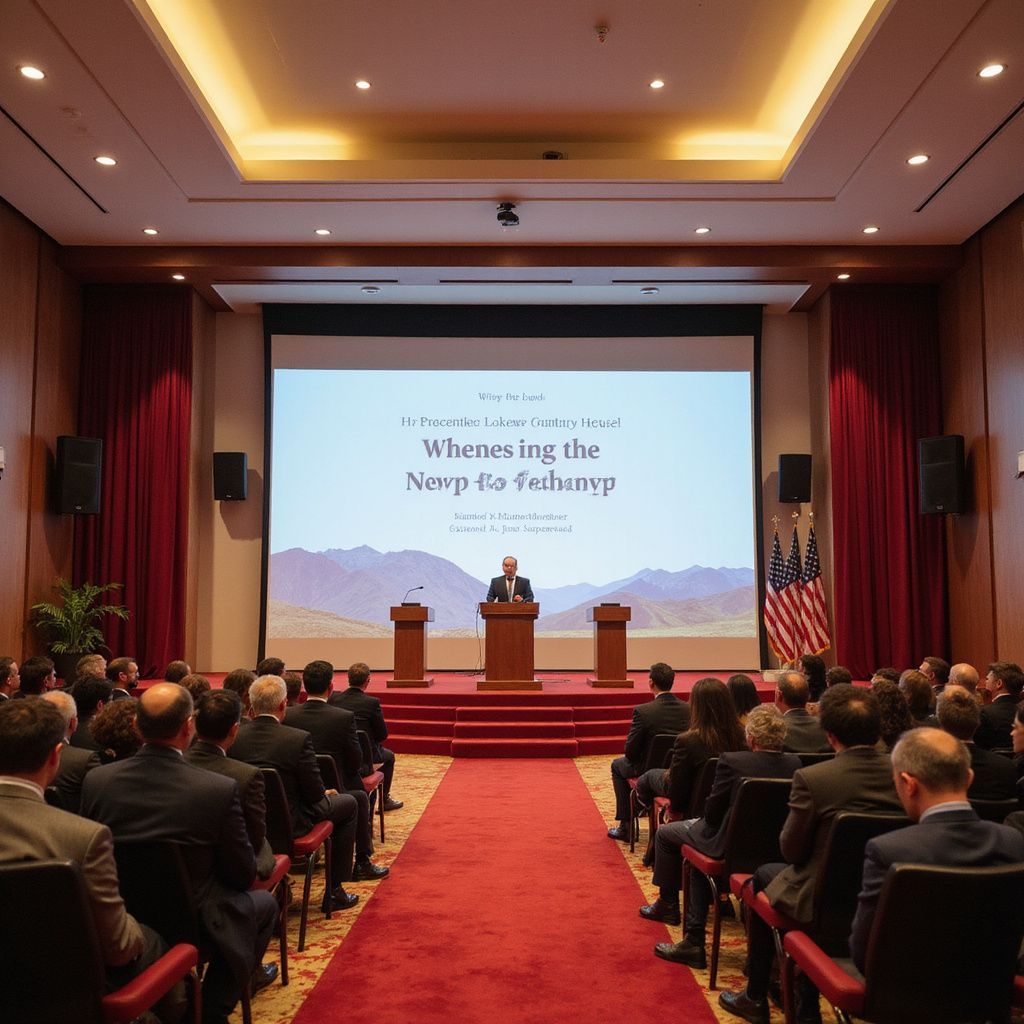 Audience in formal attire at conference with speaker on stage, presentation about 