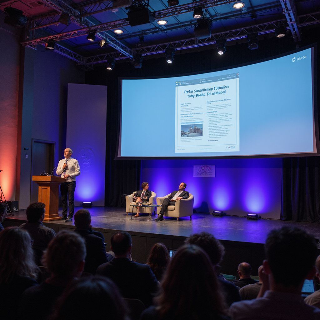 Man speaking at a podium on stage, two men seated behind him, audience in front. Large screen displays text.
