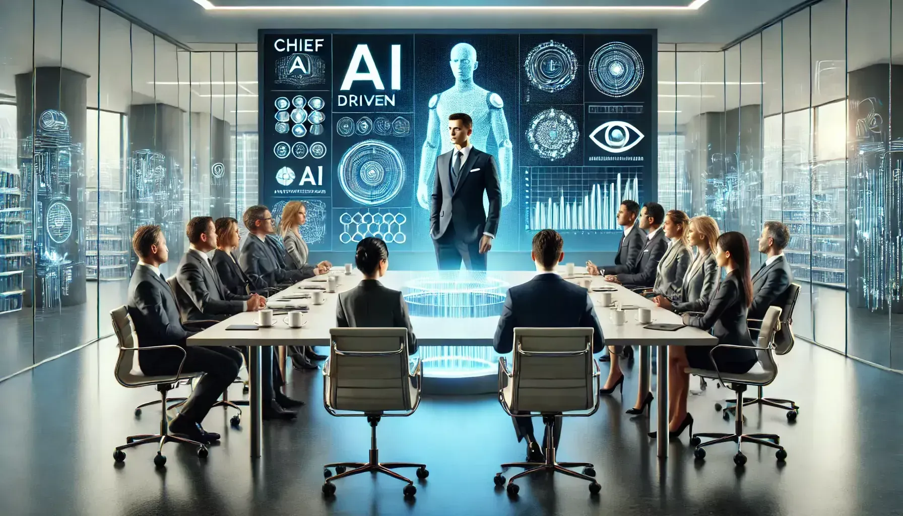 A group of people, including a Chief AI Officer, is sitting around a long table in a conference room.