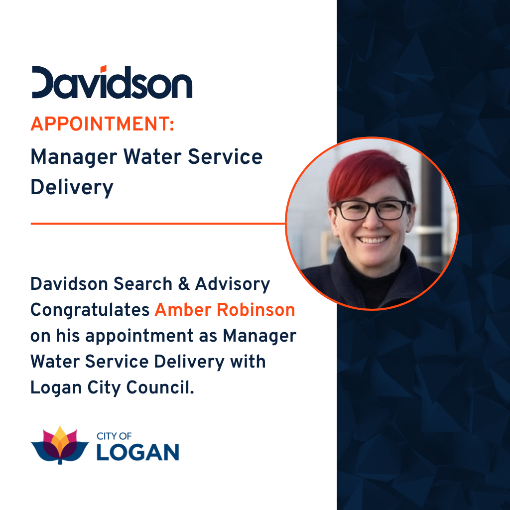 Announcement of Amber Robinson's appointment as Manager Water Service Delivery with Logan City Council. Photo of Robinson with red hair.