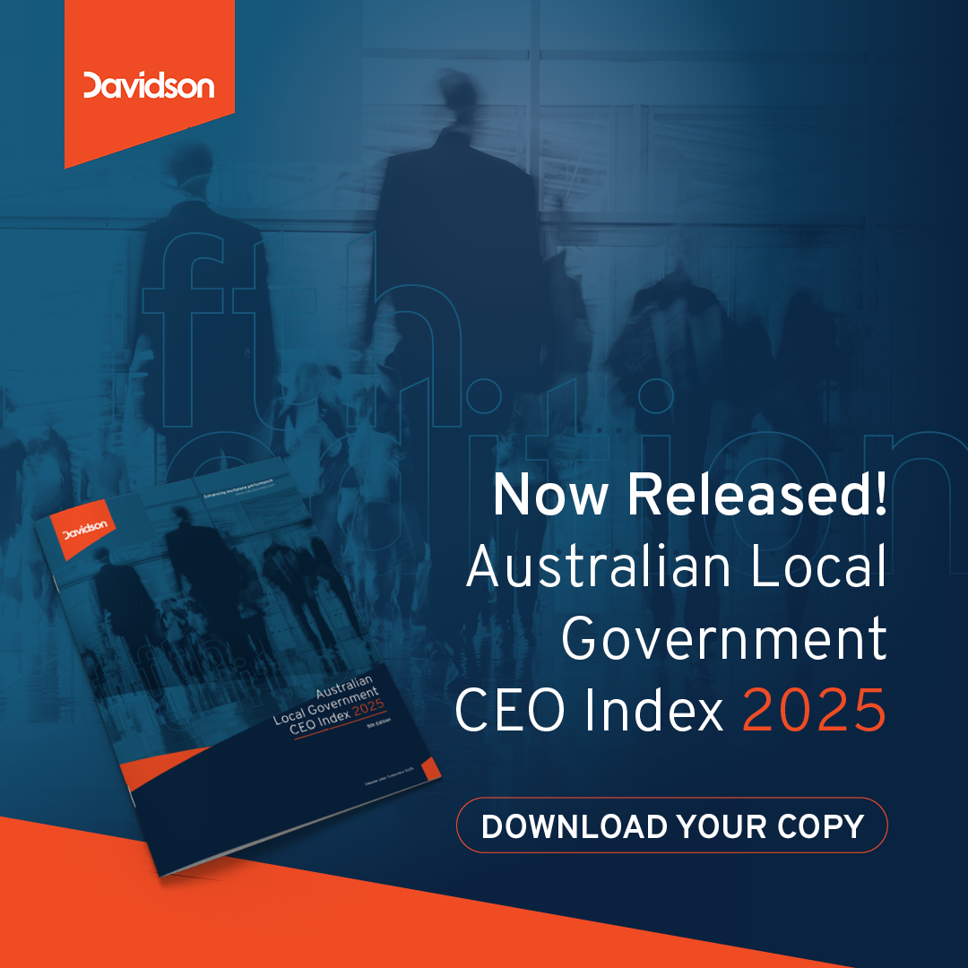 Advertisement for the Australian Local Government CEO Index 2025. Dark blue and orange design with shadowy figures.
