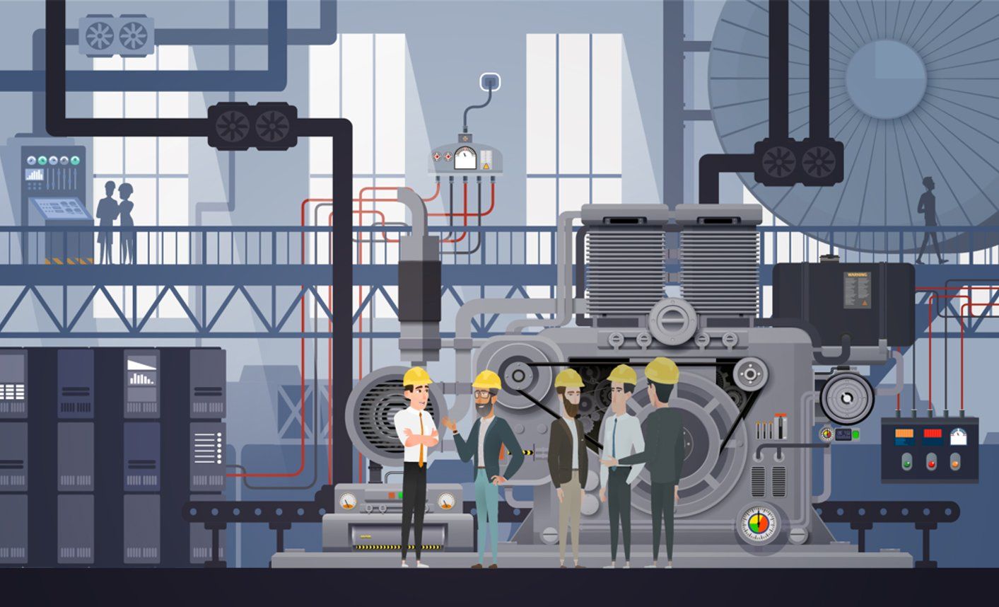 Cartoon of a group of men in personal protective equipment standing amongst machinery in a warehouse.