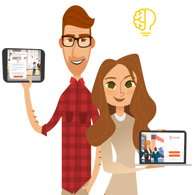 Cartoon of man holding a tablet and a women holding a laptop to illustrate Davidson's gamified assessment powered through The Talent Games