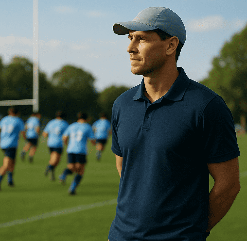 A volunteer in a blue polo shirt is standing on a soccer field.