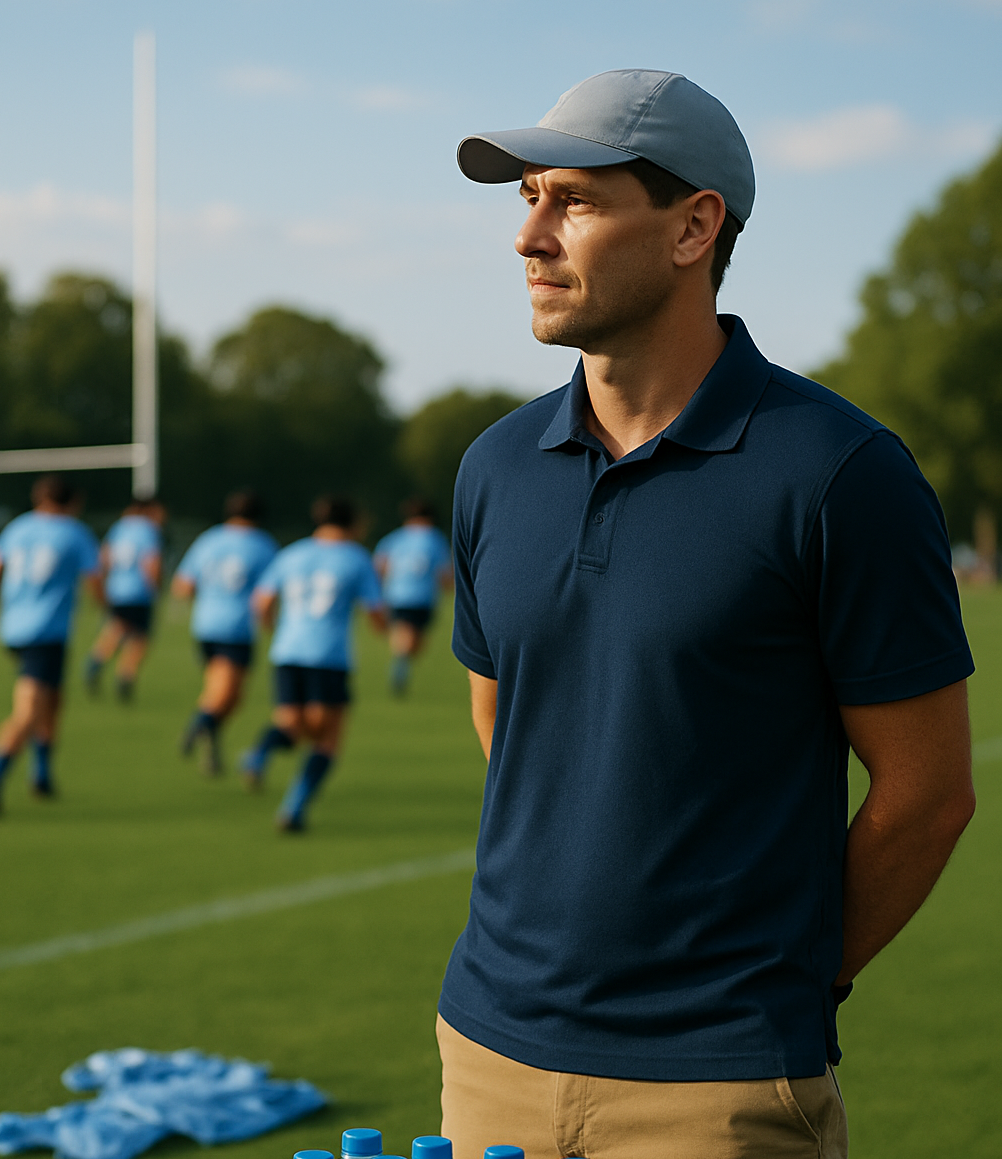 A man in a blue polo shirt is standing on a soccer field.