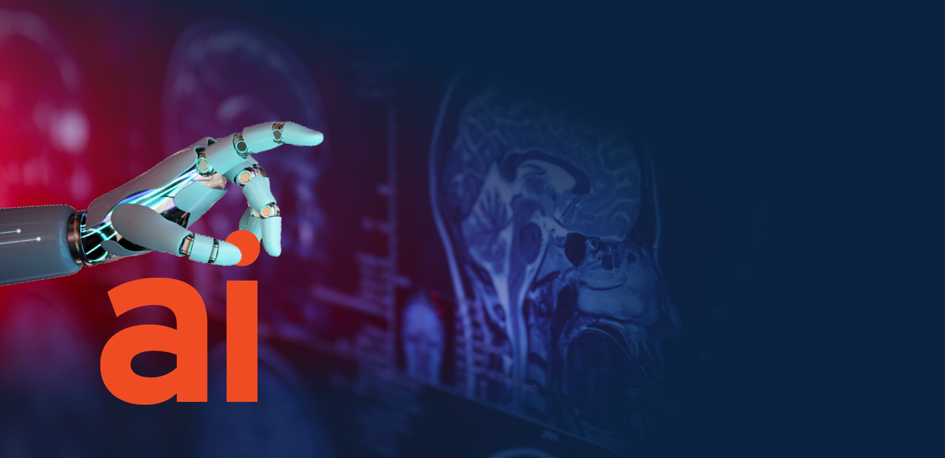 A robotic hand is holding a pill in front of a brain.