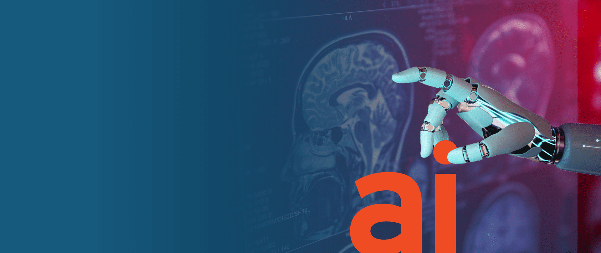 A robotic hand is pointing at a brain on a blue background.